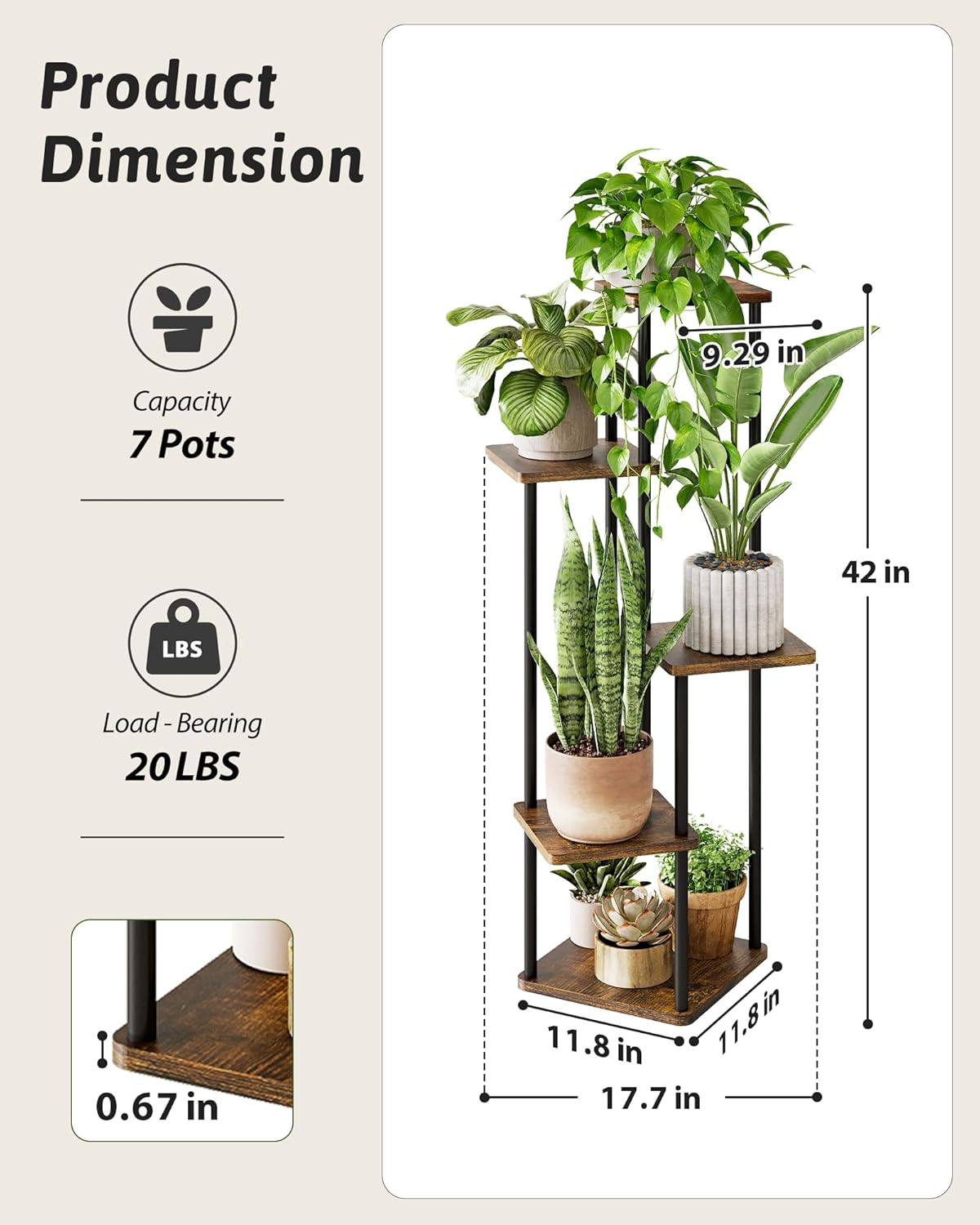 Tall Plant Stand Indoor 5 Tiered Plant Shelf for Multiple Plants Coner Shelf Stand Wood Plant Stand Metal Shelving for Living Room Bedroom Balcony Patio Brown Oak