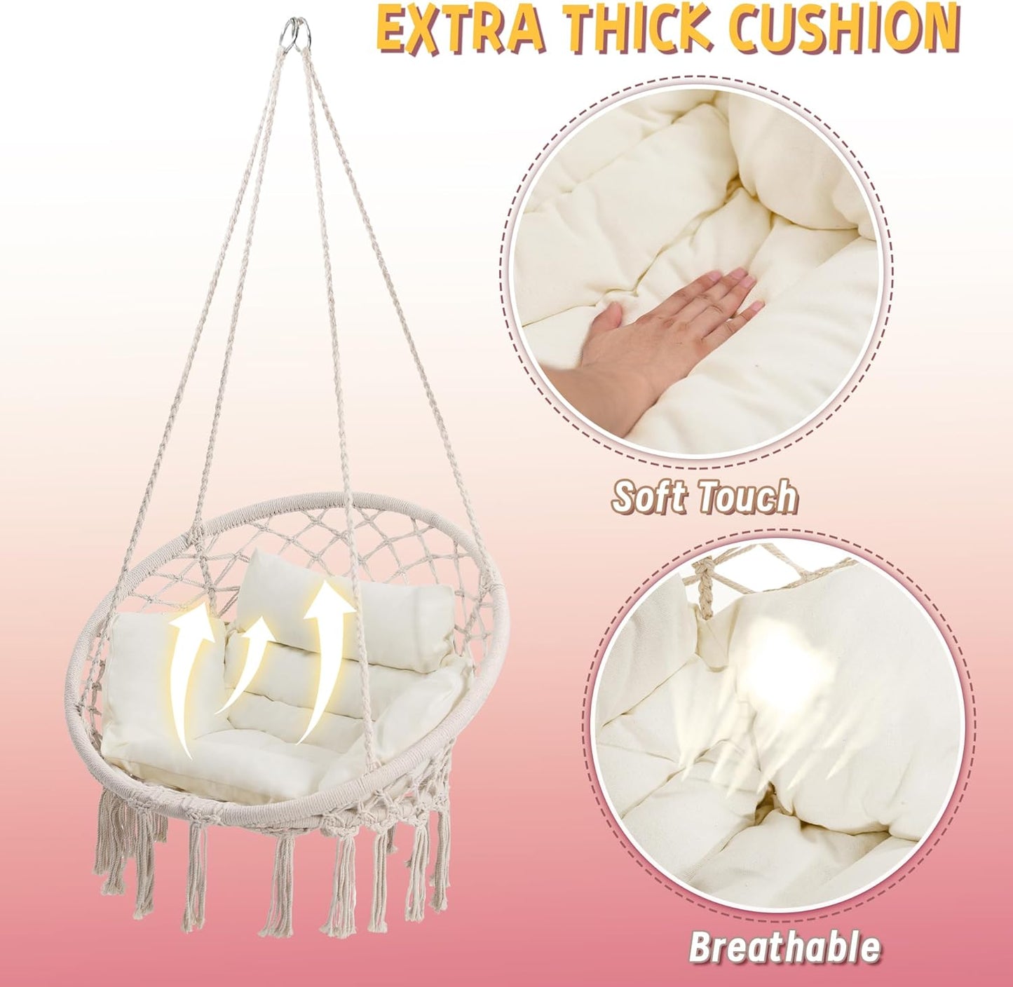 Macrame Hammock Hanging Swinging Chair with Medium Cushion, Perfect for Bedroom, Porch, Adults, Balcony, Beige