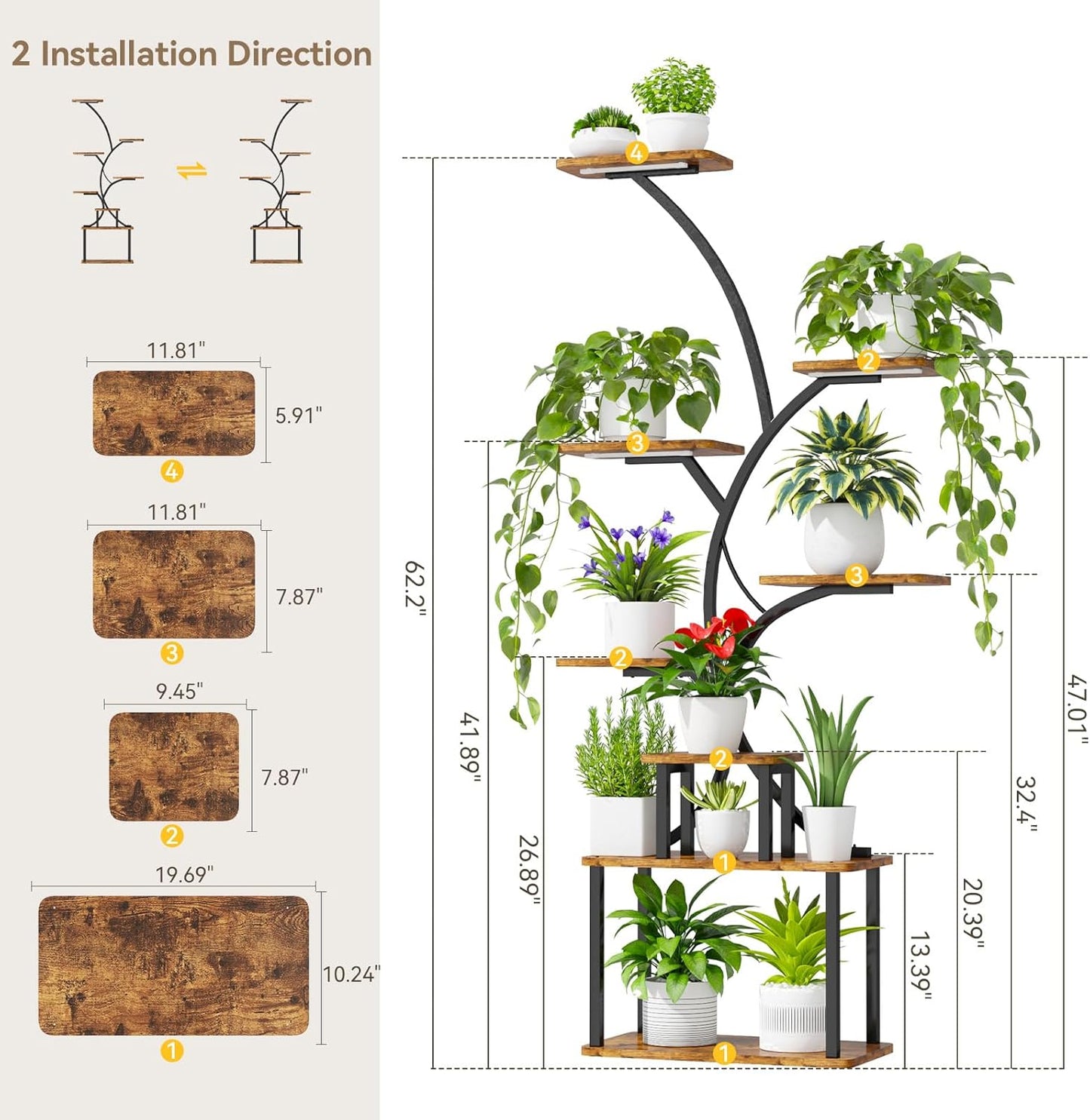 C3 Plant Stand Indoor with Grow Lights, 8 Tiered 62.2" Tall Plant Stand, Corner Large Metal & Wood Plant Shelf, S-Shaped Plant Display Shelves for Living Room, Patio, Outdoor