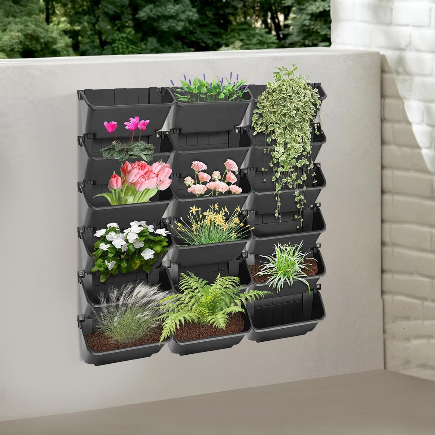 Eapmic Vertical Wall Planter with 18 Pots, Hanging Garden Plant Flowerpot Holder, Stackable Wall-Mounted Planter, Balcony Planters for Flowers Vegetables Fruits (Black, 18 Pots)