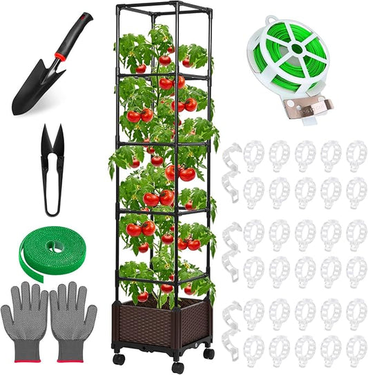 Lezmarket Self Watering Tomato Planter with Trellis for Patio, 55.9" Raised Garden Bed Planter Pot with Trellis, Plant Supports and Garden Shovel for Tomatoes, Climbing Plants