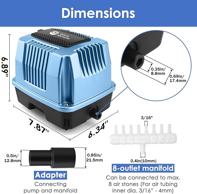 AquaMiracle Super Powerful Linear Air Pump AP-40/AP-60/AP-80 Pond Aerator, Septic Air Pump, Hydroponic Air Pump, Koi Pond Air Pump 635/950/1350GPH, for Waste Treatment, Fish Farm, Seafood Restaurant