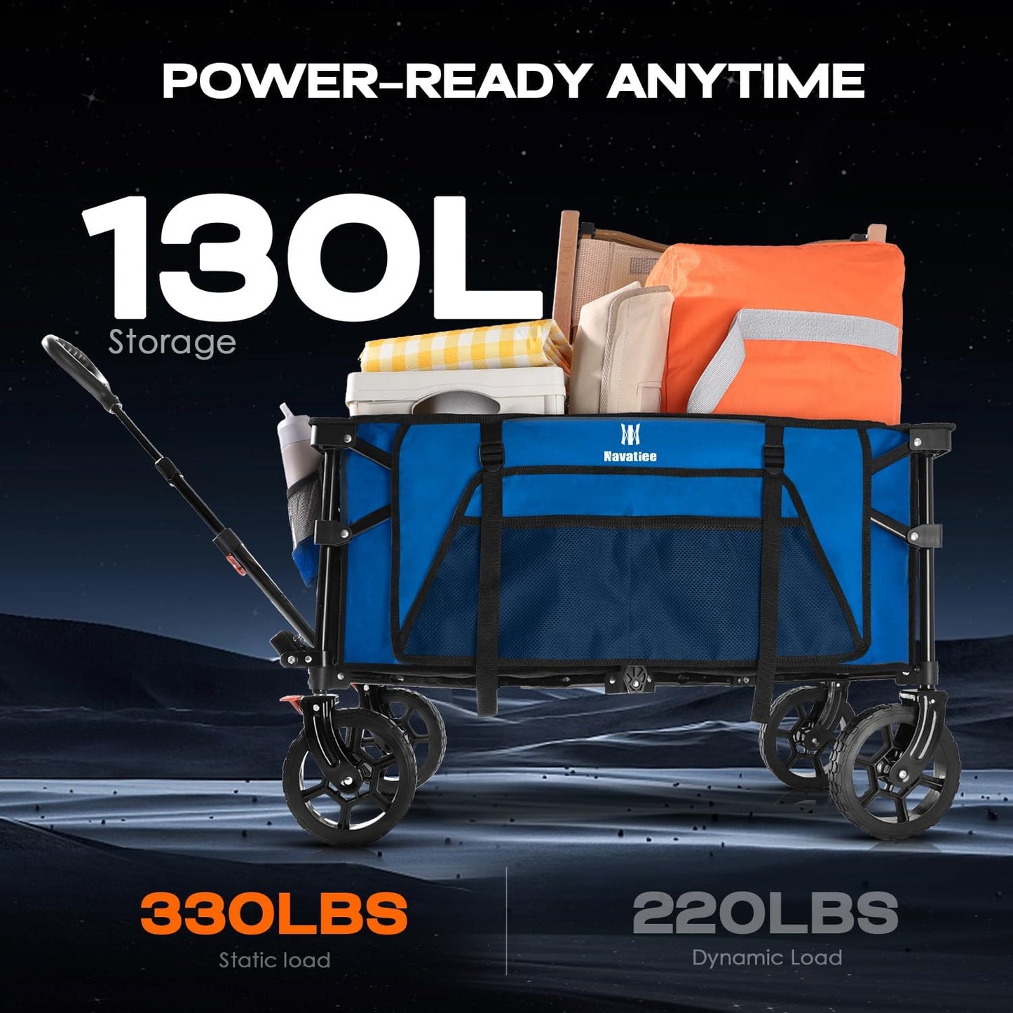 Navatiee 130L Collapsible Foldable Wagon With Wheels, Large Capacity Cart With Side Pocket and Brakes for Grocery Shopping, Garden and Outdoor Use, Blue