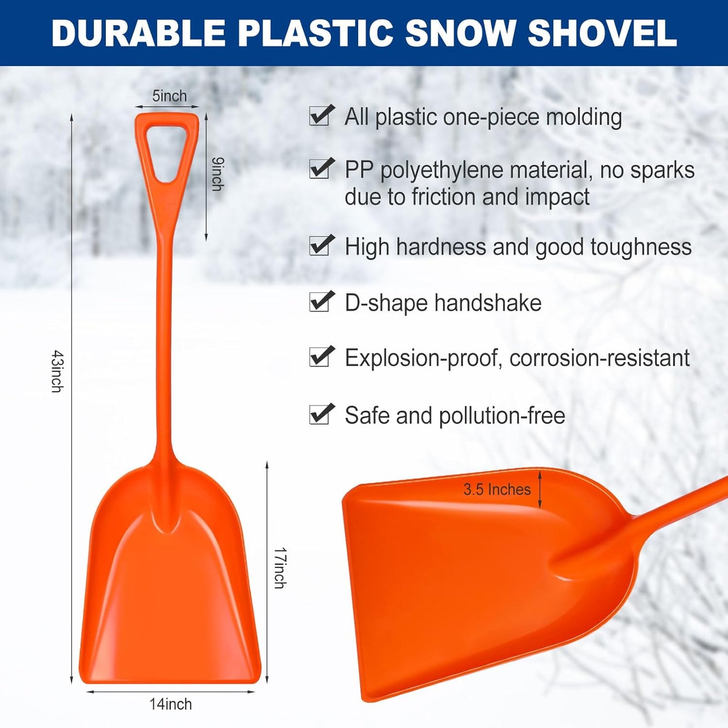 Frienda 3 Pieces Plastic Snow Shovel 43 x 14 Inches Heavy Duty Hygienic Shovel with D Shaped Grip Handle Large Durable Seamless Snow Scoop for Kitchen Gardening(Orange)