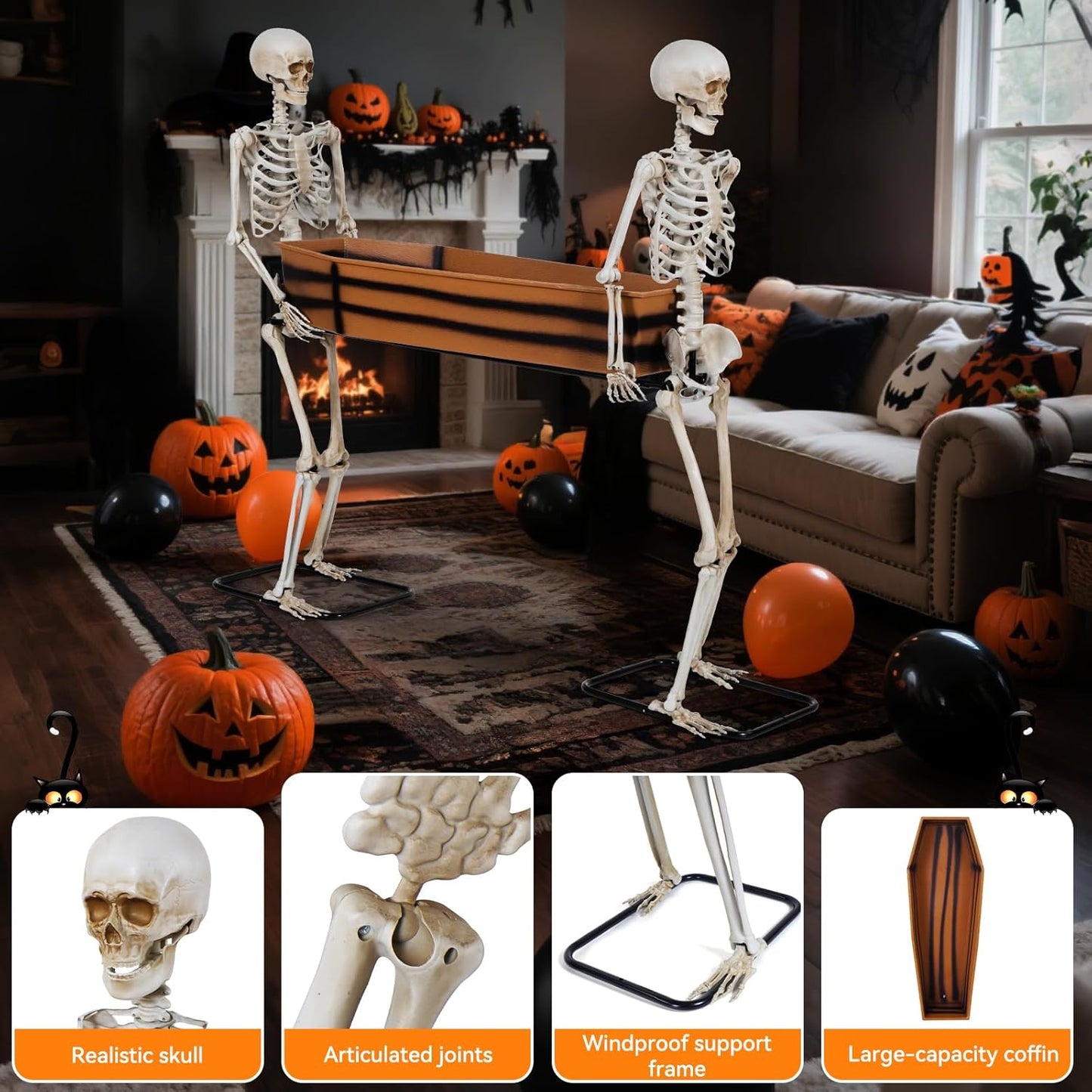 Quntis Halloween Outdoor Party Decoration - 5ft Skeleton Carrying Coffin [Last for Seasons] - Realistic Life Size Undead Pallbearers Drink Cooler - Spooky Graveyard Halloween Display