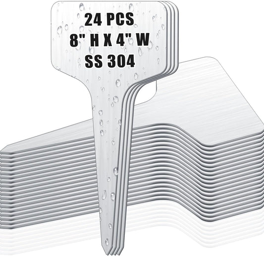Hicarer 24 Pcs Durable Metal Plant Labels Christmas Gift Weatherproof Garden Markers Engraving Stainless Steel 304 T-Type Reusable Plant Tags for Gardeners Outdoor Greenhouse Vegetables(4x8 Inch)