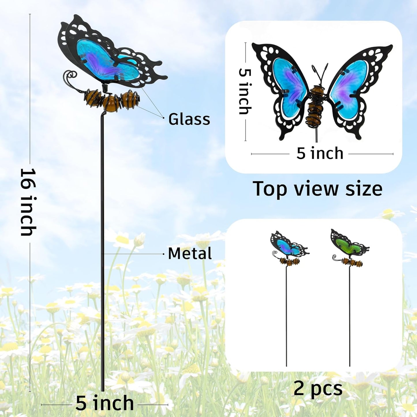 Butterfly Garden Stakes,Butterfly Kit Made of Glass and Metal,Colorful Butterflies Garden Decorations Can Make The Garden Full of Color and Vitality. (Blue and Green)