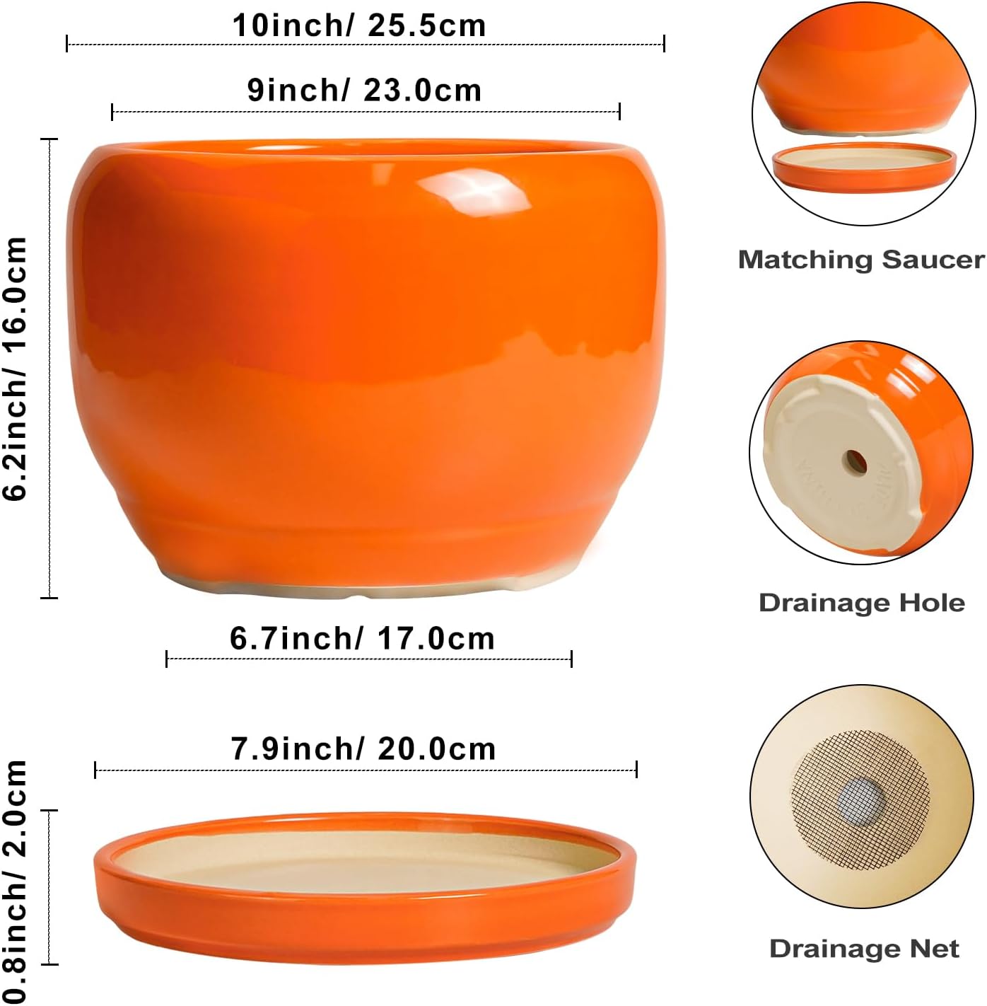 SQOWL Ceramic Planter - 10 Inch Plant Pot with Drainage Hole and Saucer, Round Modern Planter for Indoor Outdoor Plants, Decorative Large Flower Pot, House Decor, Gifts for Women Men, Orange