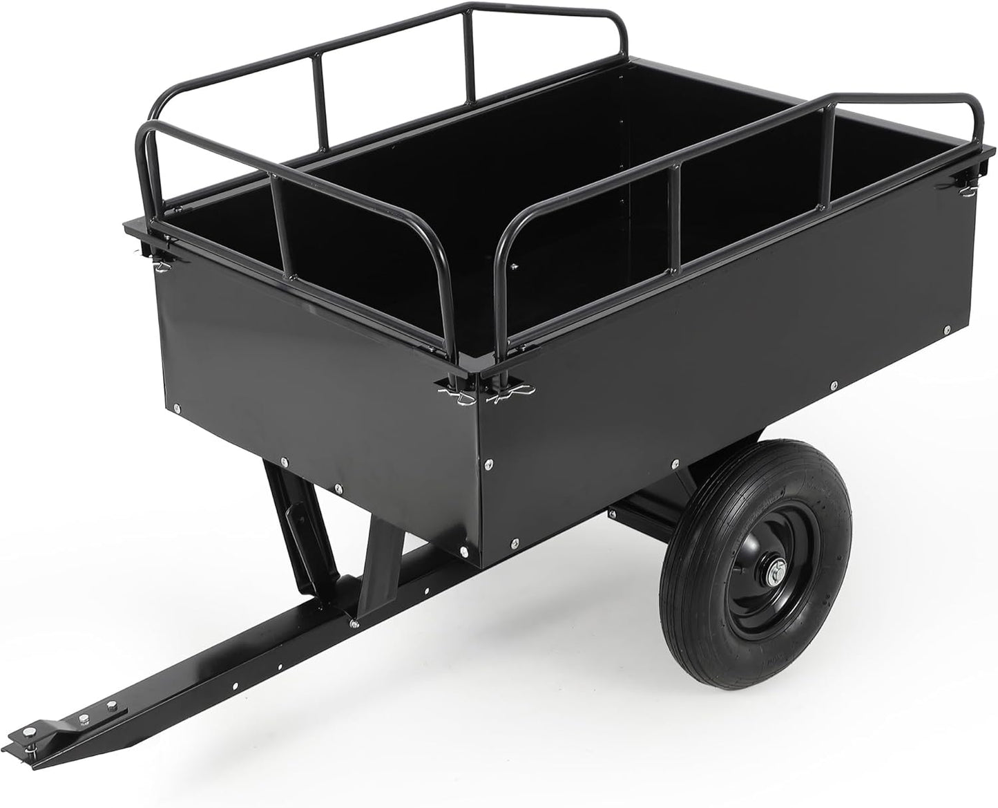 ATV Trailer Dump Cart Pull Behind, 750 LB Capacity, 15 Cu.Ft, Heavy Duty Steel Utility Trailer for Lawn Tractor with Raised Side Rails, Lawn Carts Tow Behind for Garden Yard, Black