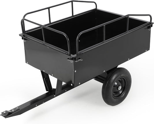 ATV Trailer Dump Cart Pull Behind, 750 LB Capacity, 15 Cu.Ft, Heavy Duty Steel Utility Trailer for Lawn Tractor with Raised Side Rails, Lawn Carts Tow Behind for Garden Yard, Black