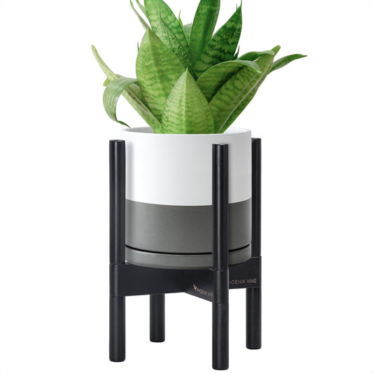 D'vine Dev Ceramic Planter with Ebony Stand - 8 Inch Modern Round Flower Pot with Wood Planter Holder, White/Grey, 55-B-M-6