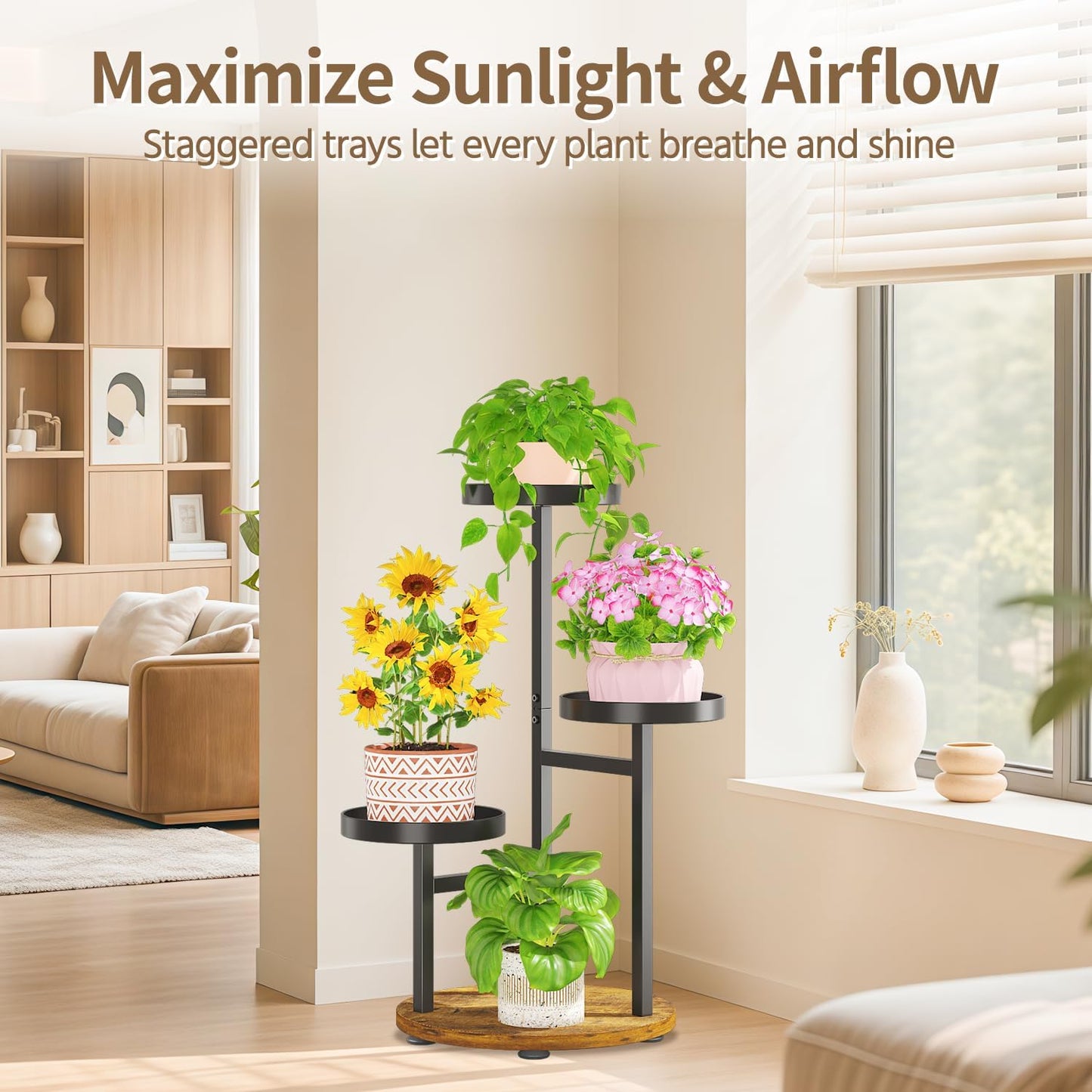 LASZOLA Black 3 Tier Tall Metal Plant Stand Indoor for Large Planter, Heavy Duty Wrought Iron Vertical Big Flower Rack, Sturdy Spiral Multiple High Organizer for Modern Patio House Bathroom Corner