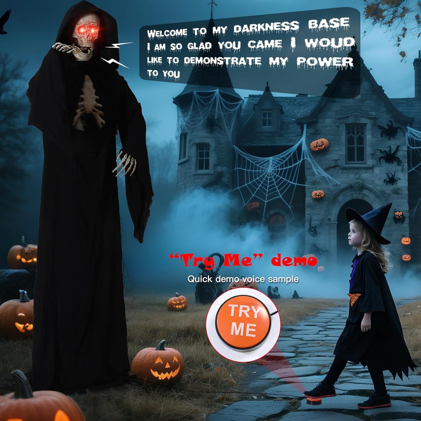 Quntis Halloween Talking Animatronics Outdoor Decoration - 7FT Tall Scary Animated Grim Reaper with Lighted Red Eyes Sound & Touch Activated - Creepy Poseable Skeleton Halloween Graveyard Decor Props