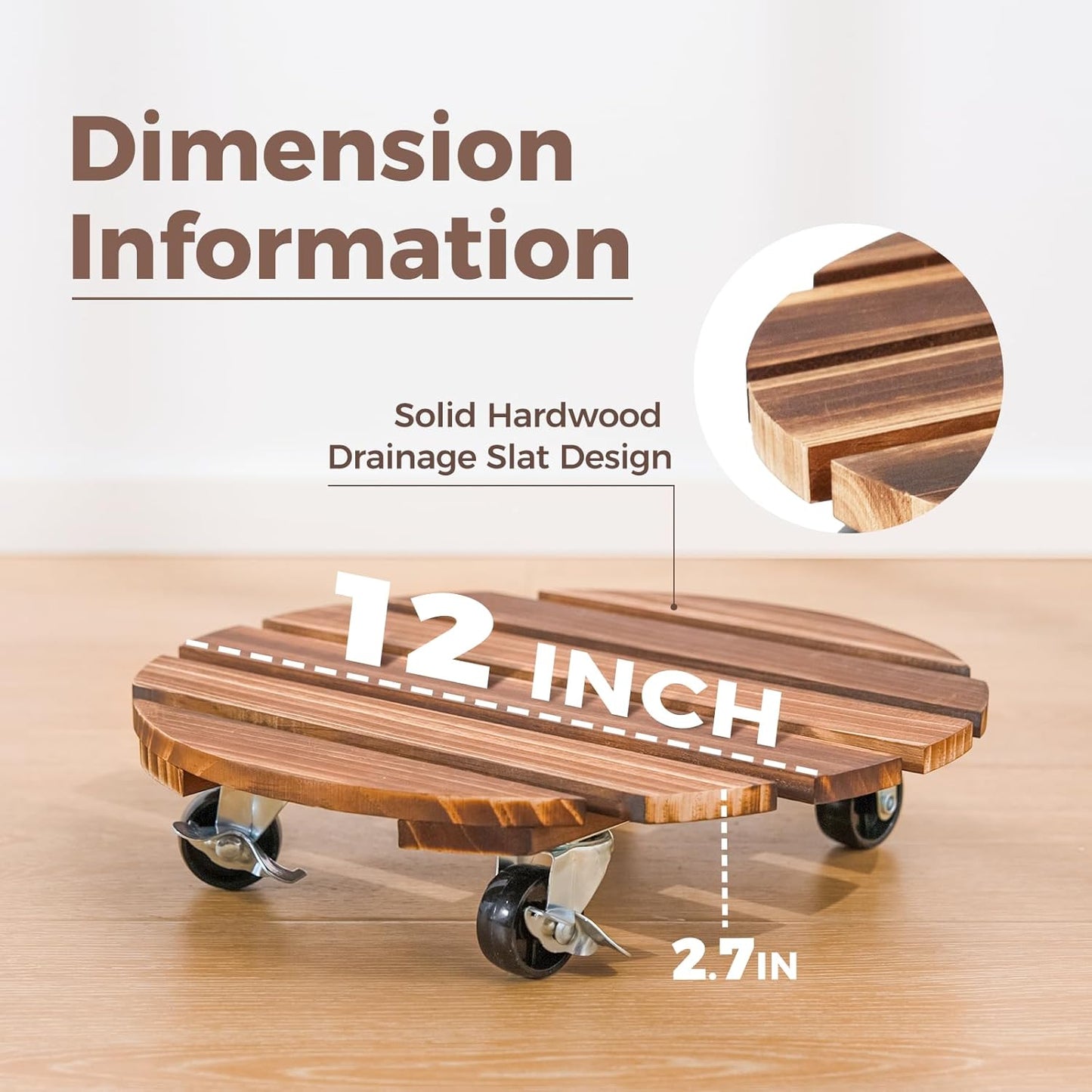 Bamworld Plant Stand with Wheels Plant Caddy Outdoor 4 Pack 12in Rolling Planter Caddy with Swiveling and Lockable Caster for Indoor Patio Plant Dolly Wood Wheeled Mobile Roller