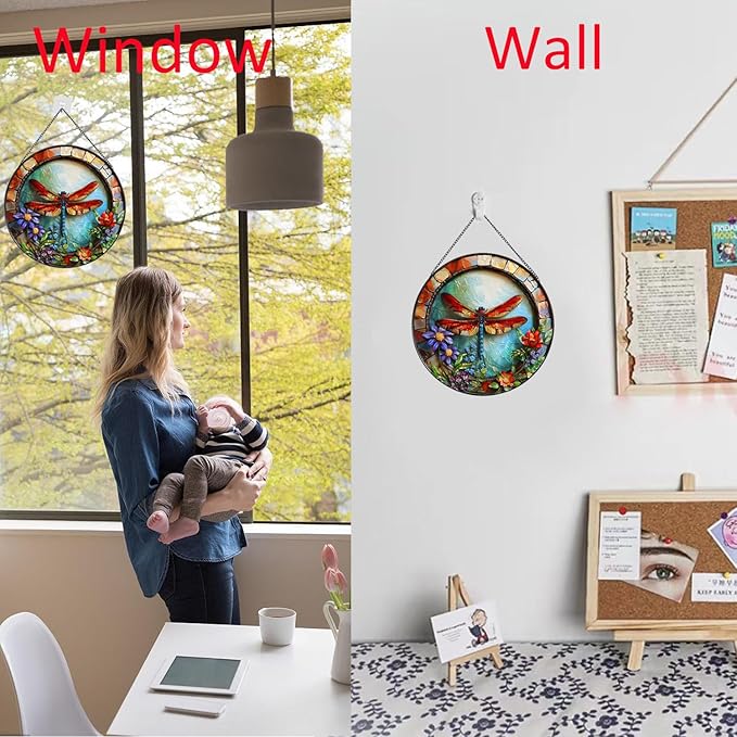 Dragonfly and Flower Suncatcher Stained Glass,Hanging Stained Glass Suncatcher for Windows,20cm/7.87inch Hand-Painted Sun Catcher Garden Hangings Halloween Fall Christmas Decor for Home