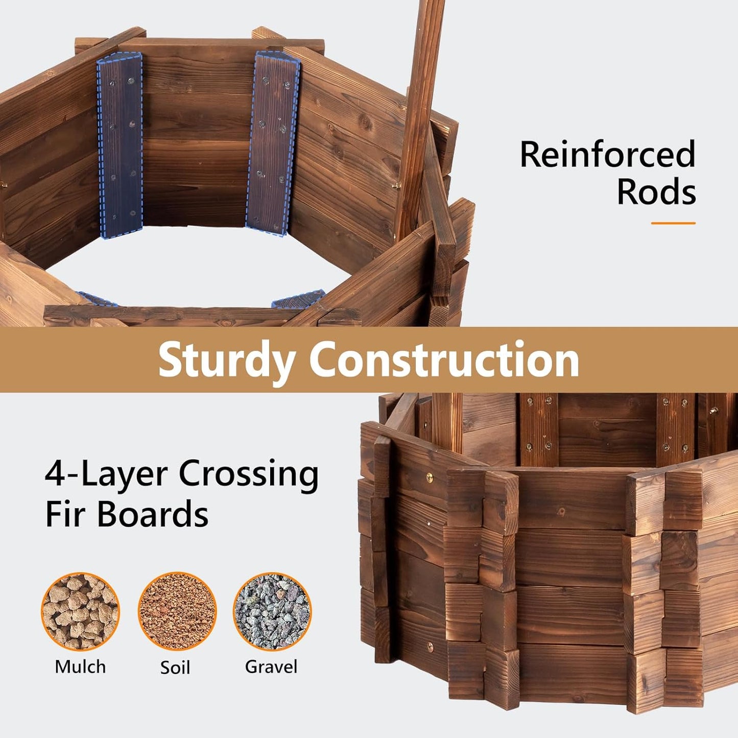 VINGLI Wooden Wishing Well Outdoor Planters, Well Covers for Yard with 4 Reinforced Rods, Height Adjustable Hanging Bucket, Rustic Flower Pot Home Decor for Outside Patio Garden