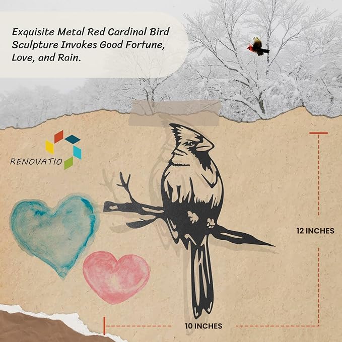 Renovatio Metal Bird Decor – Stylish Decoration for Yard & Garden – Perfect Outdoor Yard Art – 12 Gauge Thick Steel – Ideal Backyard Decor & Bird Ornaments – Cardinal Bird (Black)