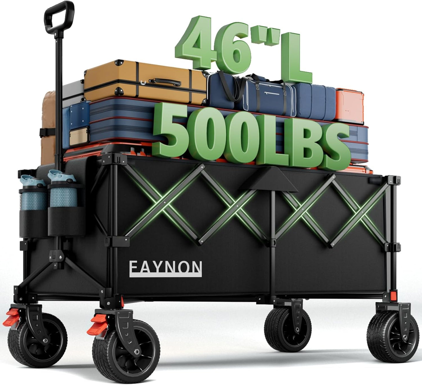 46" L Collapsible Foldable Extended Wagon, 500LB Weight Capacity with 280L Heavy Duty Folding Cart,Utility Wagon with All-Terrain Beach Wheel & Drink Holders,Black