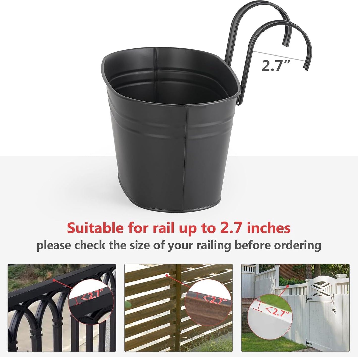 Dahey Metal Iron Hanging Flower Pots for Railing Fence Hanging Bucket Pots Countryside Style Window Flower Plant Holder with Detachable Hooks Home Decor,Black,5 Pcs