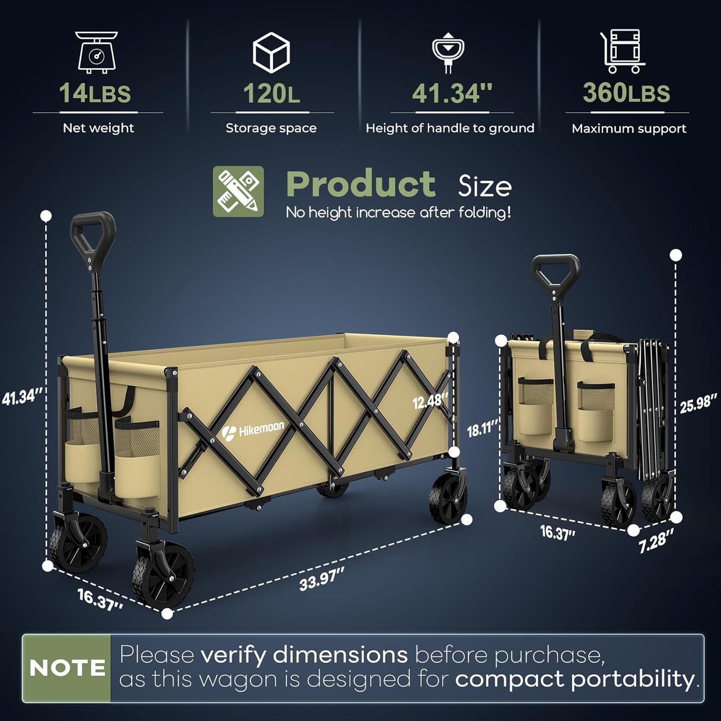 34'' Extra Long Collapsible Wagons Carts Foldable, 360LBS Heavy Duty Folding Beach Wagon with Wheels, Portable Utility Outdoor Cart for Grocery, Garden, Sports, Camping, Khaki