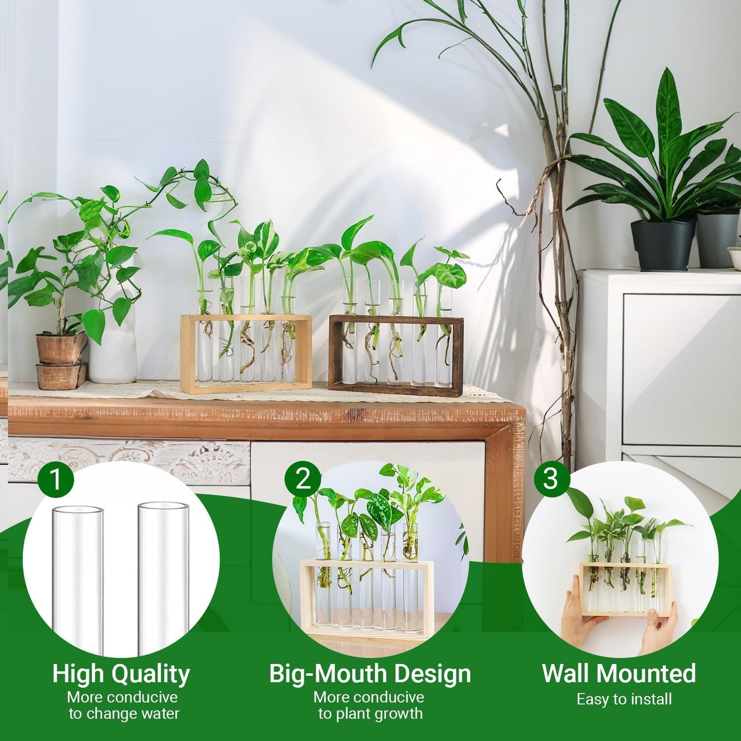 Ivolador Plant Propagation Station Terrariumin Wall Test Tube Vases Bud Tabletop Glass Wooden Stand with 5 Propagation Tubes for Propagating Hydroponic Plants Home Garden Wedding Decoration-Beige