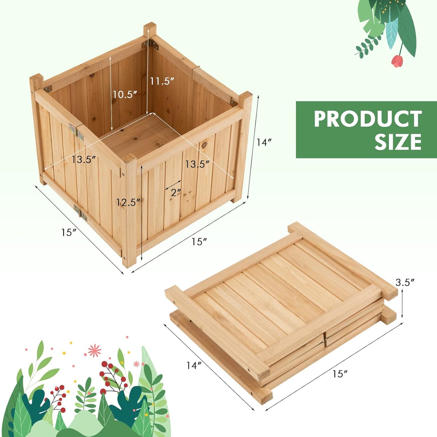 S AFSTAR Outdoor Wooden Planter Box, Folding Raised Garden Bed W/Drainage Hole, Patio Square Plant Container for Flowers, Vegetables, Fruits, Herbs, Collapsible Planting Box for Yard, 15" x 15" x 14"