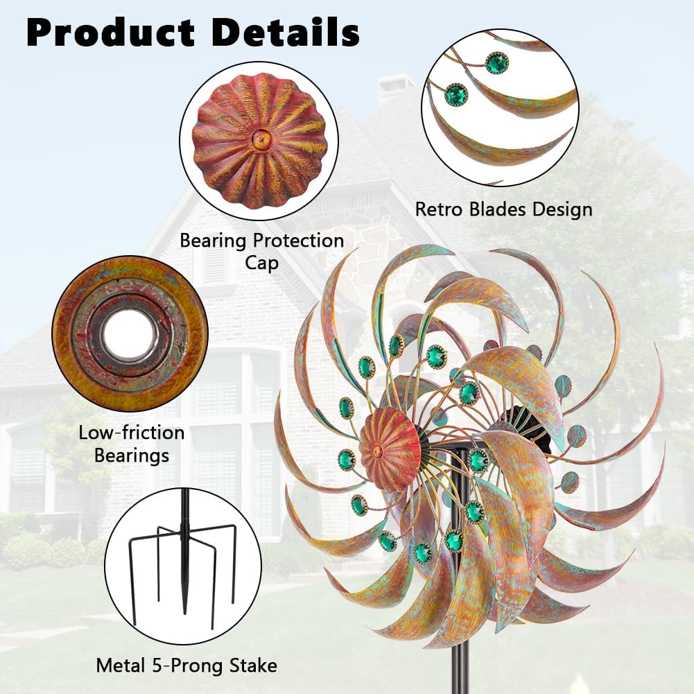 VEWOGARDEN Garden Metal Wind Spinners Outdoor Kinetic Wind Sculptures & Spinners for Yard Lawn Patio Decorations, Patina