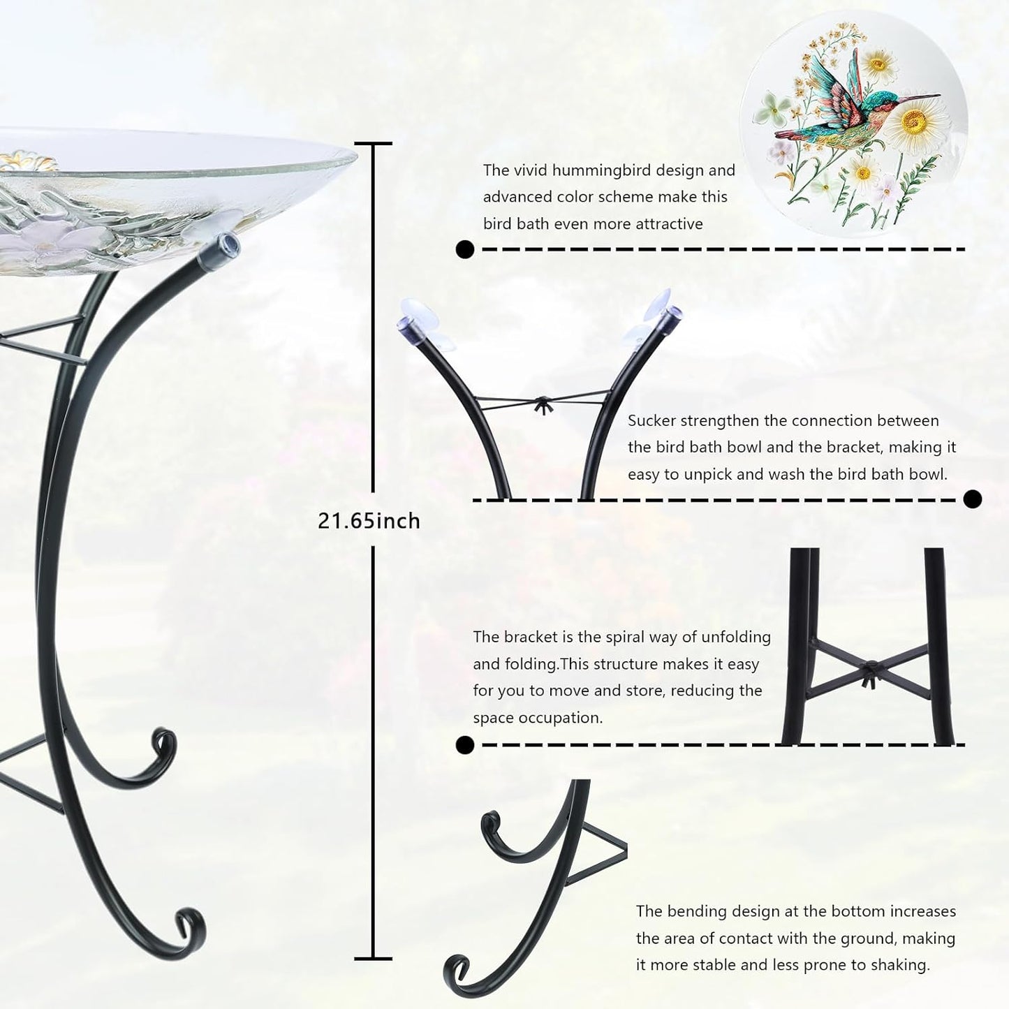 MUMTOP Bird Bath-Bird Baths for Outdoors - Hummingbird Glass Large Bird Bath Bowl with Metal Stand, Bird Feeders for Outside and Garden, Patio,Lawn Decor