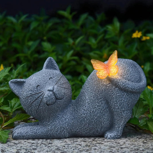 Cute Solar Cat Garden Statue with Lighted Butterfly, Outdoor Waterproof Resin Cat Figurine for Yard Lawn Patio Porch, Solar Powered Garden Decor and Gift for Cats Lovers