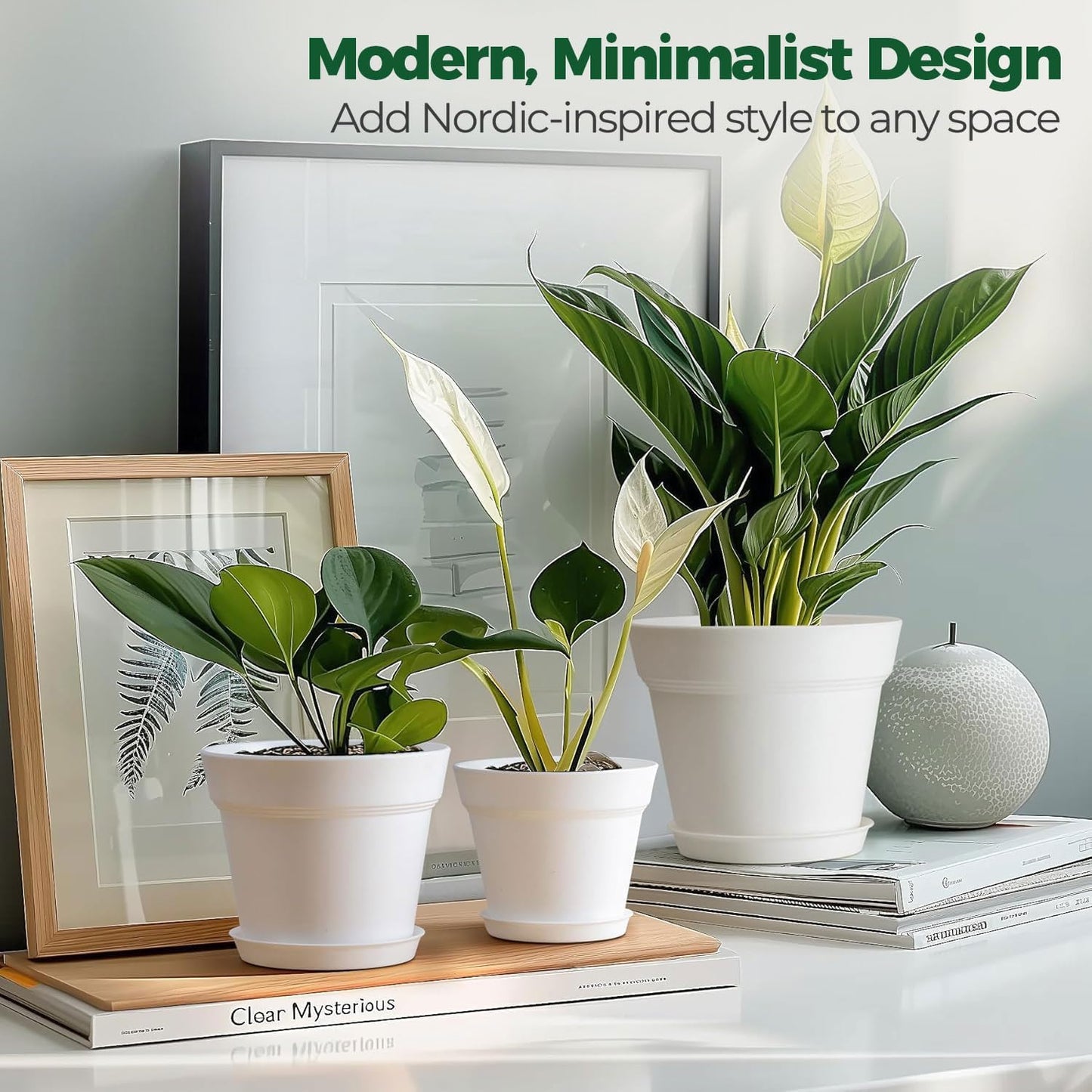 T4U 6 Inch Plant Pot 8-Pack, Plastic Planter with Drainage Hole and Saucer, Decorative Nursery Pots Bulk for African Violet, Snake Plant, Succulent, Herb and Plants Indoor (8 Pcs 6" Pots, White)