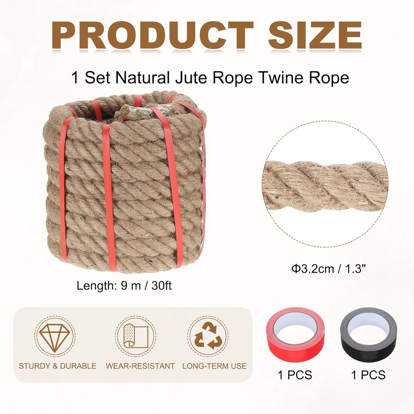 MECCANIXITY Jute Rope 1.3 Inch x 30ft, Thick Twine Rope Ropes Braided Jute Twine Natural Brown Burlap Cord String Heavy Twisted with Tapes for Decorative Crafts Railing Swing Tug of War