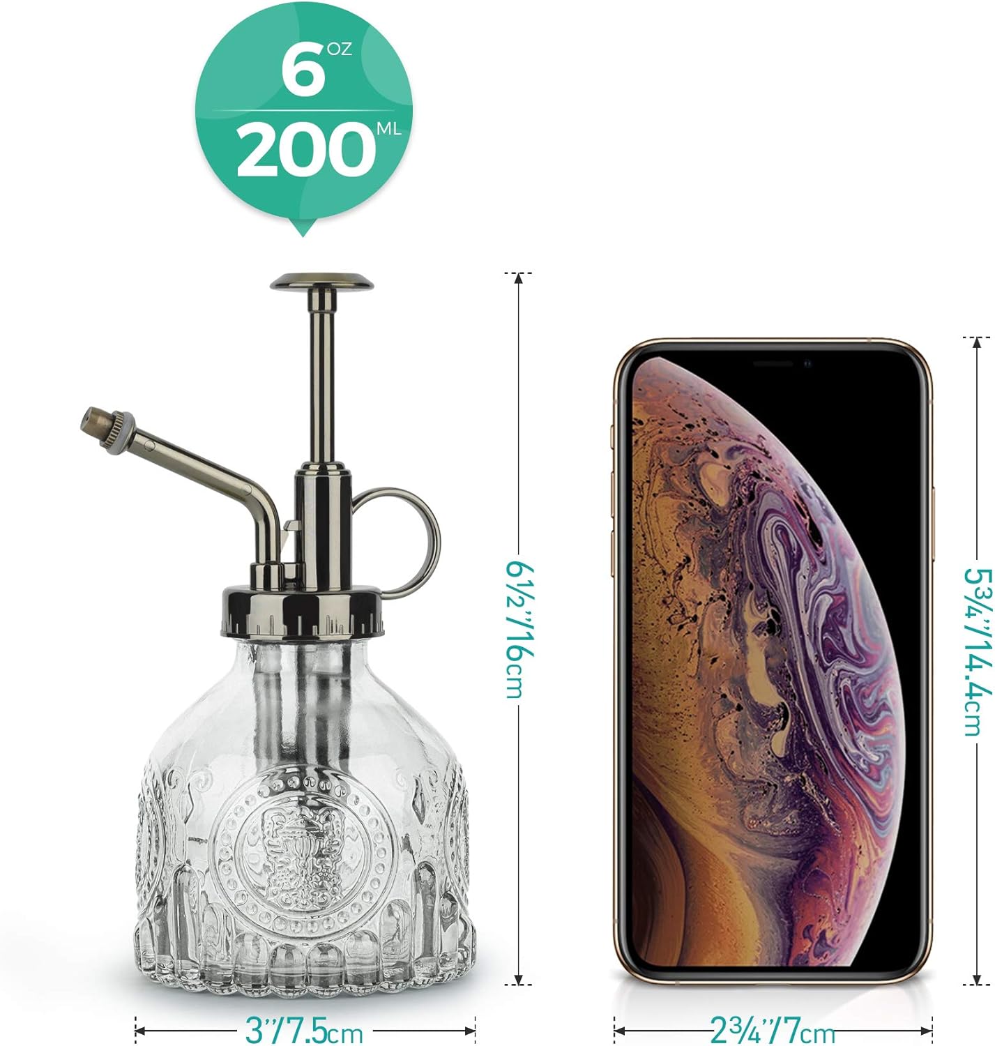 T4U Glass Plant Mister 200ML, Vintage Spray Bottle with Top Pump Fine Mist Garden Flower Sprayer Small Decorative Spritzer Watering Can Gift for Indoor Outdoor Succulent House Plant (Clear)