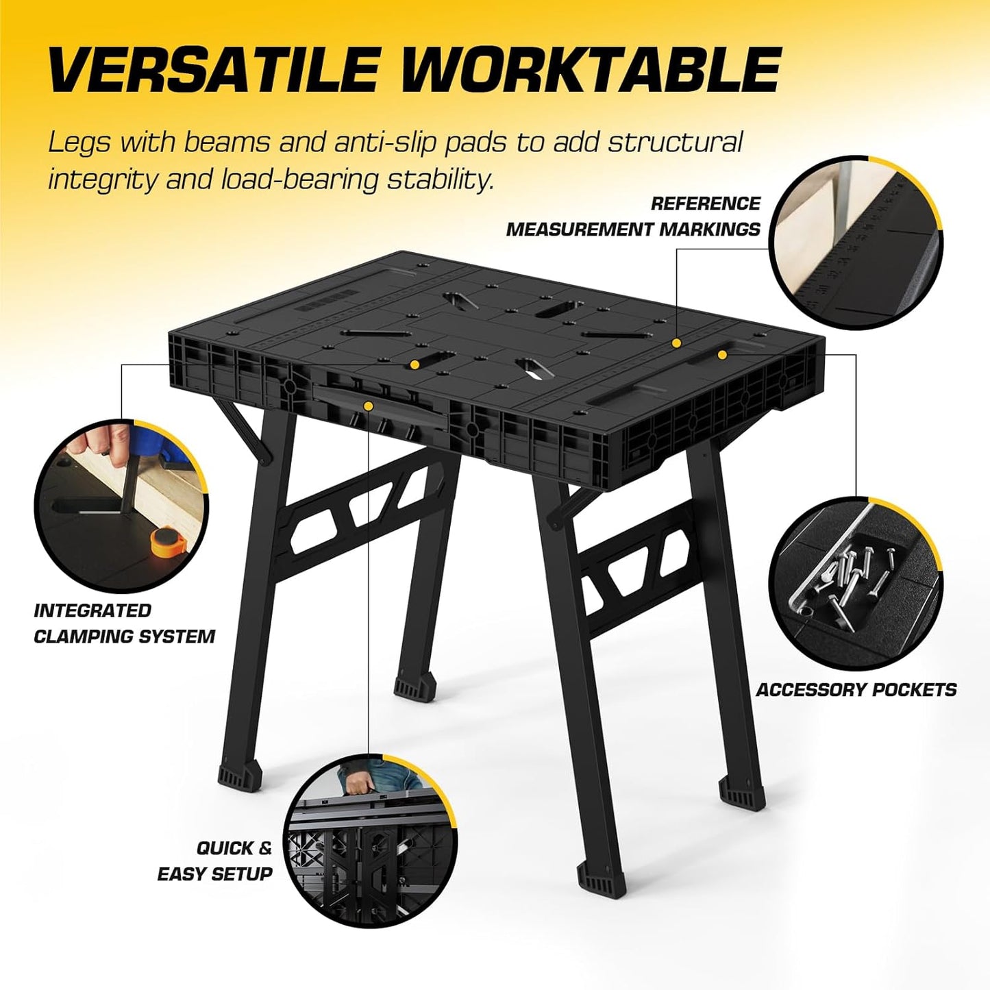 Express Folding Work Table, Easy Setup Portable Folding Work Table & Portable Folding Workbench, 34" W x 25" D x 31" H Lightweight Versatile Clamping Worktable for Garage/Wood Shop (Black)