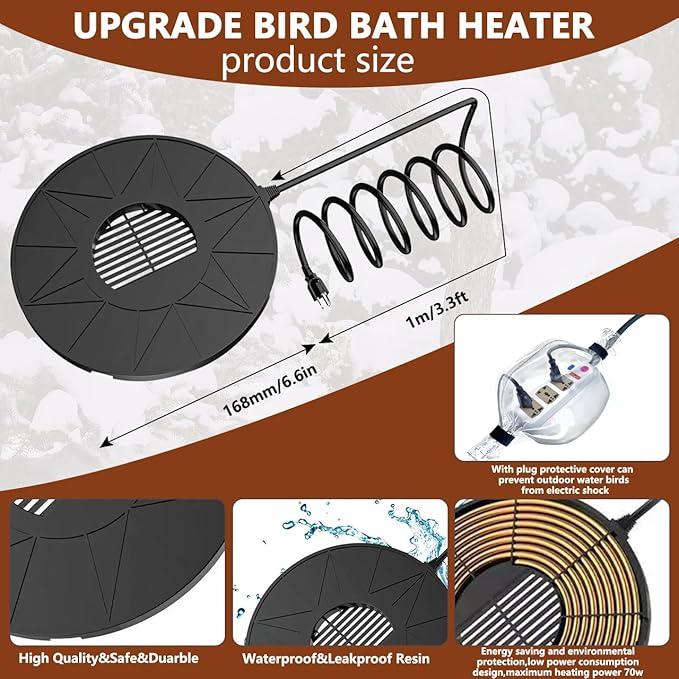 Bird Bath Heater Pond Heater 70W Shallow Water Pond deicer Energy-Saving, thermostatically Controlled Winter Outdoor with a Protective Socket Cover (Single ice Melter)