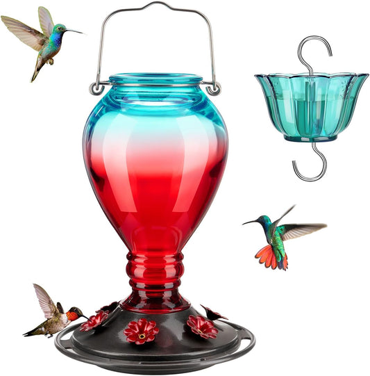 Kingsyard Glass Hummingbird Feeder - 6 Bee Guard Feeding Ports & Ant Moat, 24 oz Leak Proof, Wild Bird Feeder for Outdoors Hanging, Easy to Clean & Refill, Garden Yard Décor, Red & Blue