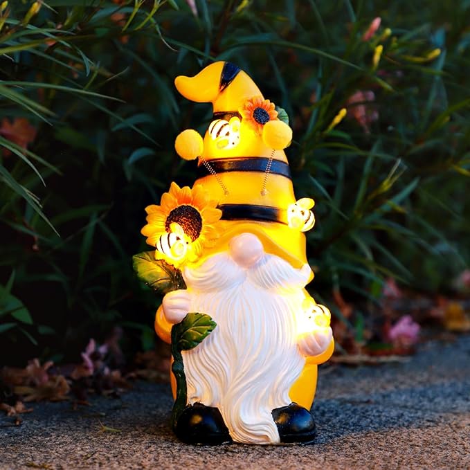 Garden Figurines Gnome Statue Decorations - Solar Resin Spring Bee Gnome Figurine Solar Garden Lights Outdoor Decorations Waterproof for Patio,Yard,Lawn,
