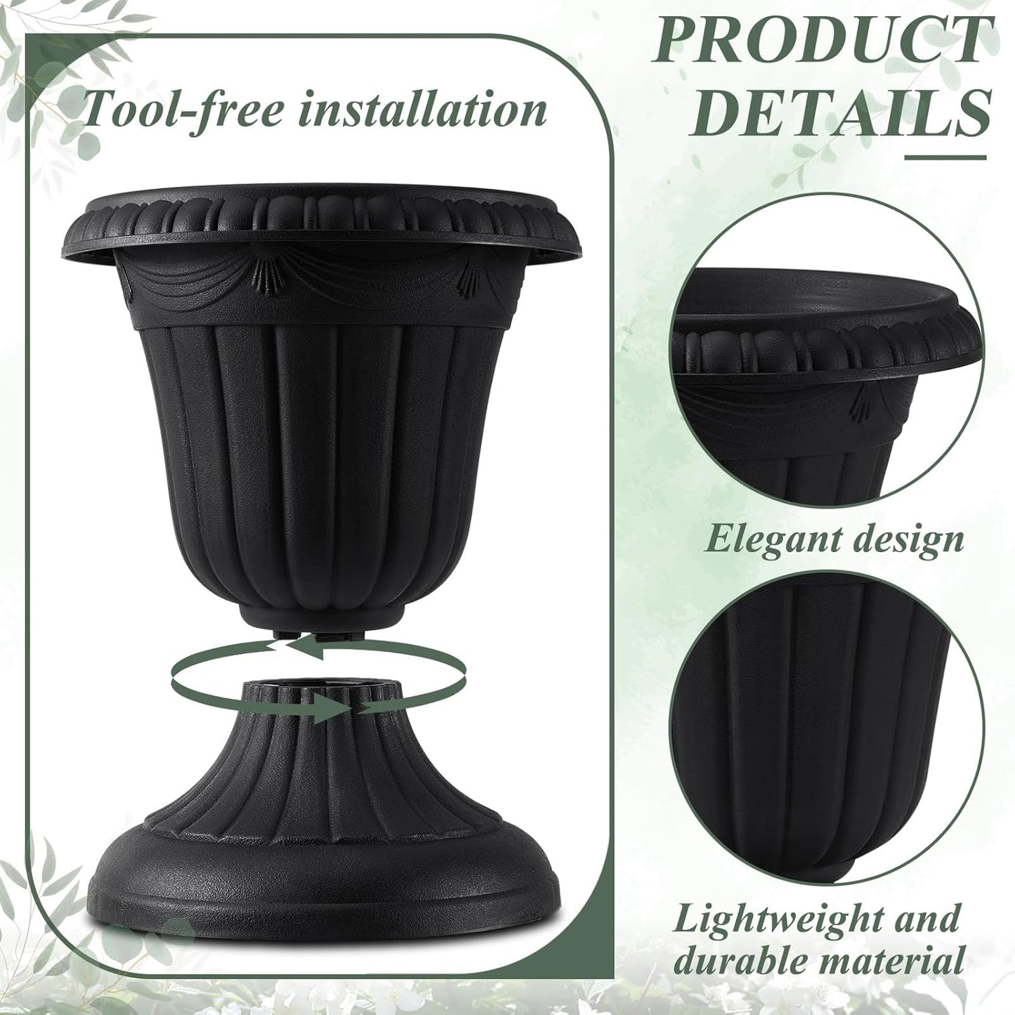 Zhehao 4 Pcs Plastic Urn Planter 10 x 11.5 Inch Black Classic Flower Pots Front Porch Planters Indoor Outdoor Planters with Pedestal for Wedding Party Bridal Shower Garden Patio Home Decor