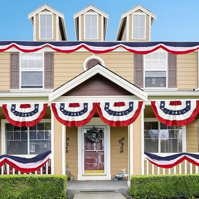 4Pack American Bunting Flag 2x4 Ft Patriotic Bunting Flags 4th of July Decor Outside Porch USA Pleated Half Fan Flag Decorate Garden Embroidered Star Red White & Blue Stripe Banner