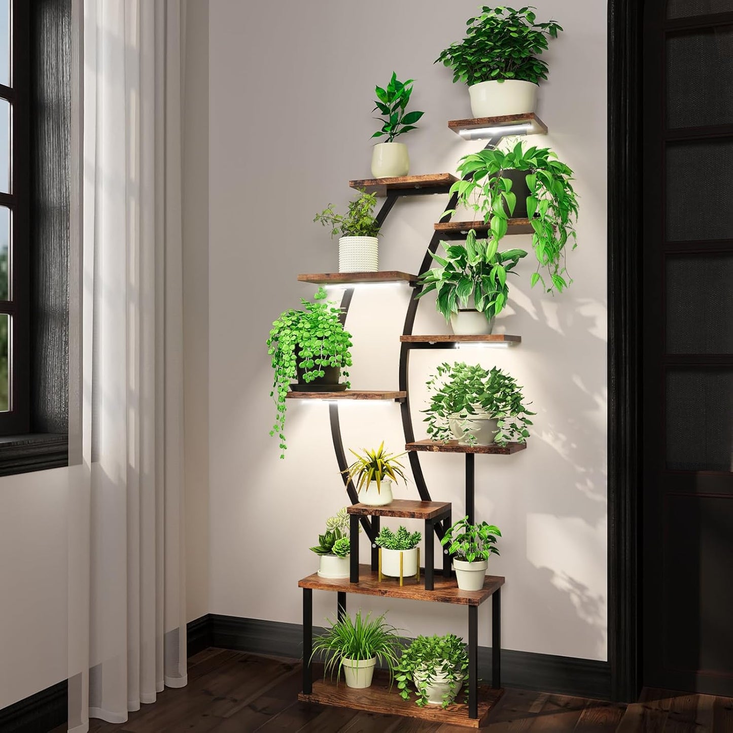 Plant Stand Indoor with Grow Lights, 9 Tiered Indoor Plant Shelf, 63" Lighted Corner Plant Stands for Indoor Growing, Large Flower Holder for Living Room, Balcony, Black