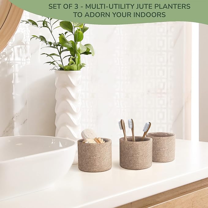 Jute Planter Basket-Woven Jute Rope Covers for Decorating Indoor/Outdoor Succulents, Small Plant Pots-Set of 3-Multi-Purpose Storage Bins 4.5 Inches -Modern Style Decor -Natural Jute