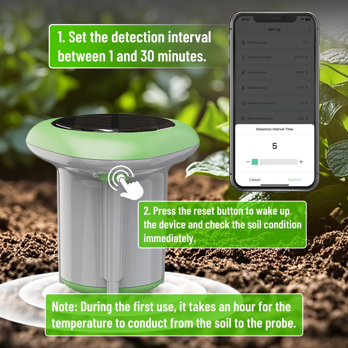 Smart 3-in-1 Soil Moisture/Temperature/Fertility Meter for Outdoor Plant, Soil Test Kit for Garden/Farming/Lawn, GreenVation Digital Soil Sensor with Tuya/Smart Life APP Push Notification