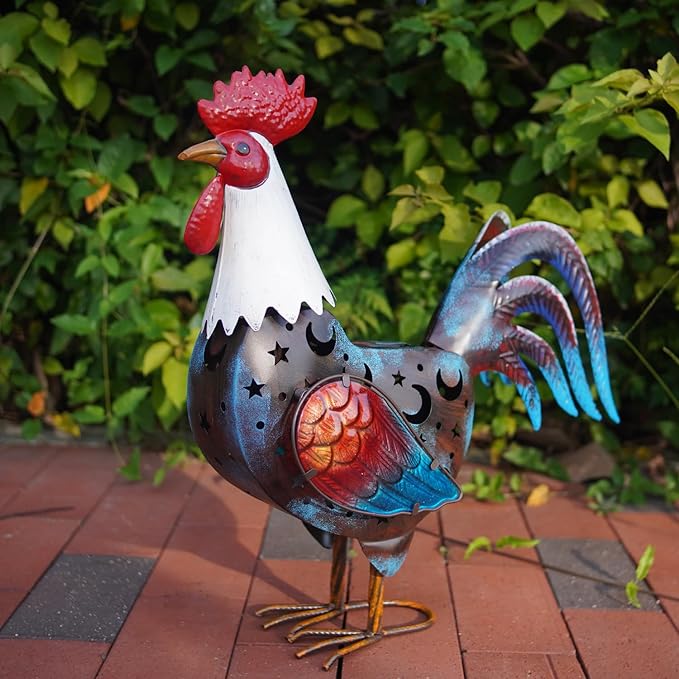 LIFFY Solar Rooster Outdoor Decor,18" Metal Rooster Yard Decor with LED Lights,Chicken Home Decorative Ornaments,Garden Statues for Outside Patio Backyard Landscape Lawn