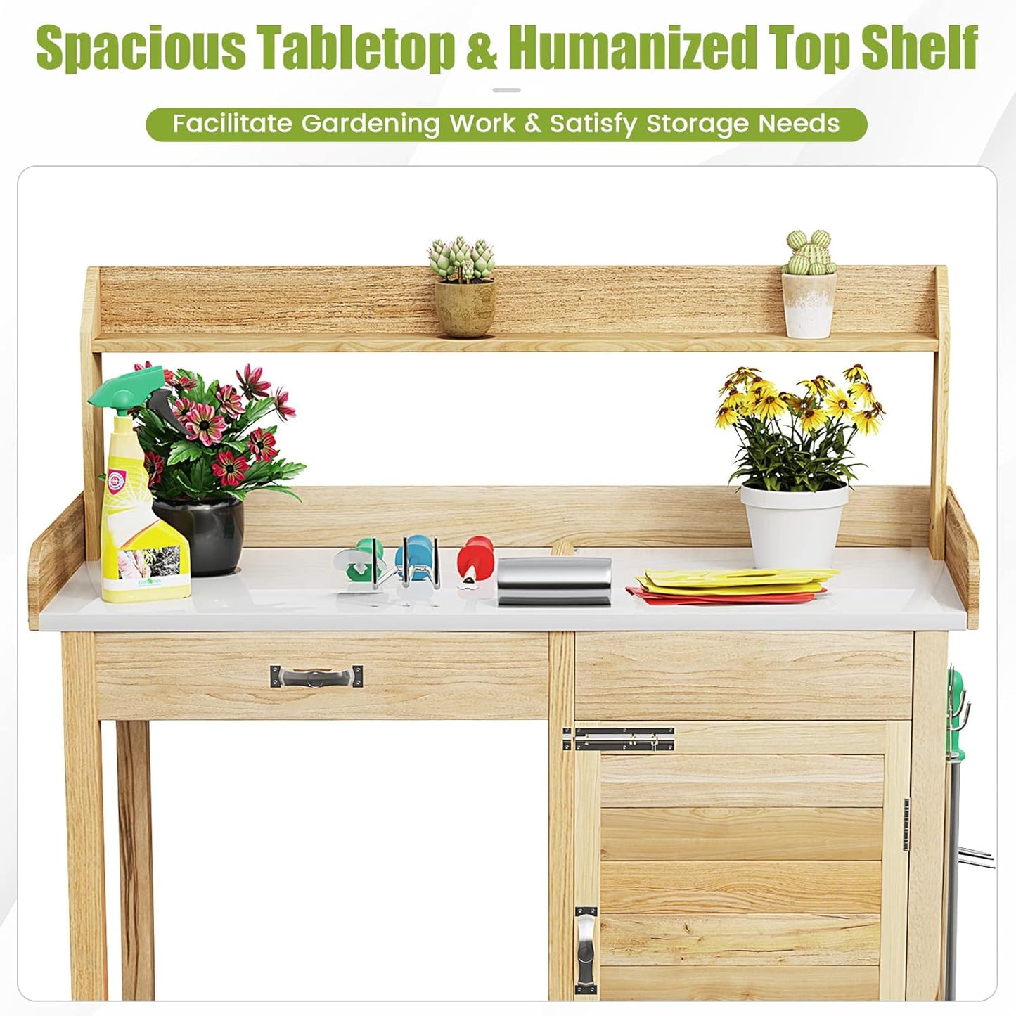 S AFSTAR Outdoor Potting Bench Table, Wooden Garden Work Station with Drawer, Storage Cabinet, Open Shelf, Side Hooks, Metal Tabletop Gardening Workbench, Potting Benches for Outside Backyard Balcony