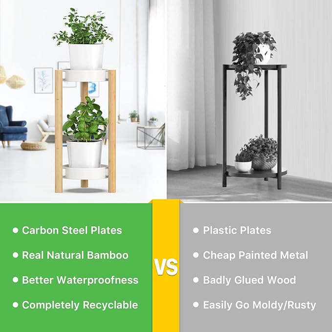 Bamboo Plant Stands Indoor, 2 Tier Steel Tray Tall Corner Plant Stand Holder & Plant Display Rack for Outdoor Garden Indoor Home (2 Tier)