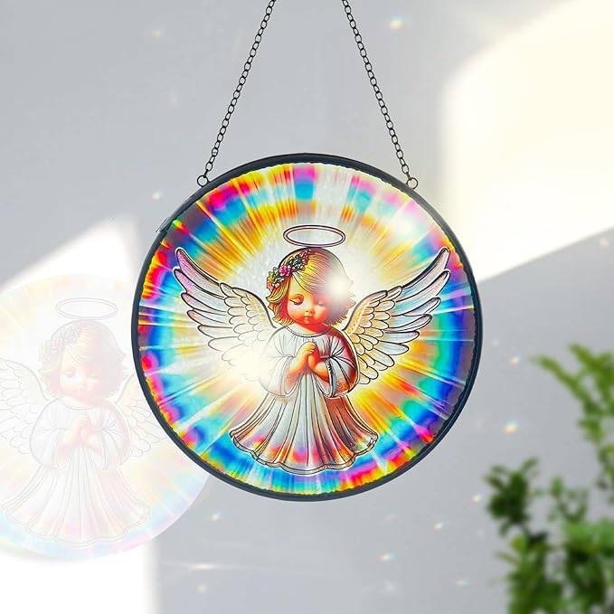 Praying Angel Decor Handmade Stained Glass Suncatcher - Rainbow Maker Stained Glass Suncatchers W/Metal Chain - Spiritual Angelic Gift for Women Christmas Thanksgiving Housewarming Gifts