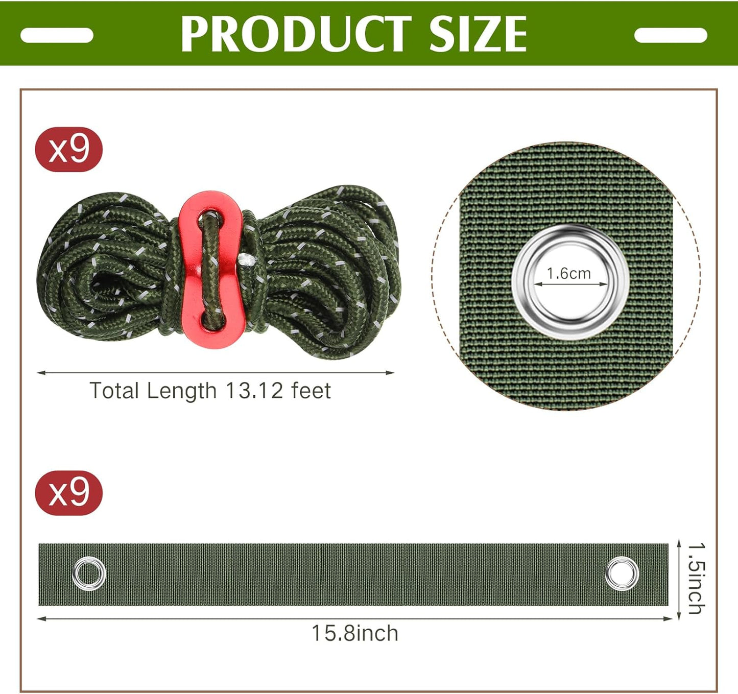 Sintuff 9 Set Heavy Duty Tree Stake Kit 15.75 Inches/ 40 cm Tree Straps for Staking and 13.12 ft/ 4 m Dock Lines Rope for Support Anchoring Home Leaning Plant Straightening Garden Tent (Army Green)