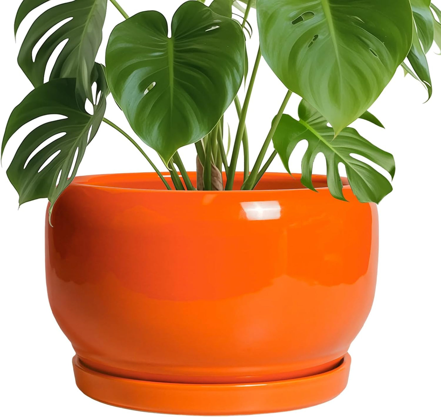 SQOWL Ceramic Planter - 10 Inch Plant Pot with Drainage Hole and Saucer, Round Modern Planter for Indoor Outdoor Plants, Decorative Large Flower Pot, House Decor, Gifts for Women Men, Orange