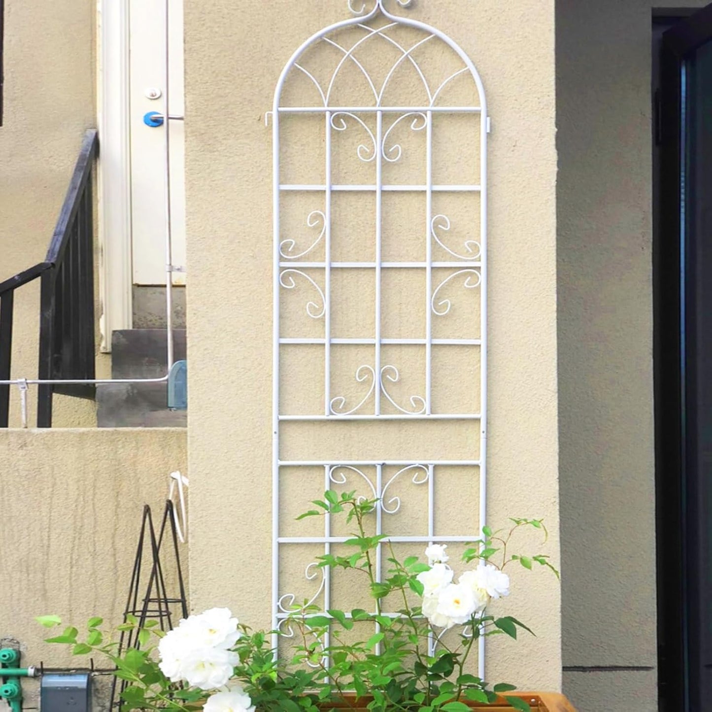 8 Pack Metal Garden Trellis for Climbing Plants, 86.7" Tall Rustproof Outdoor Trellis Panel with Vine Design, Decorative Black Iron Plant Support for Vine, Rose, Flower, Garden Wall, White