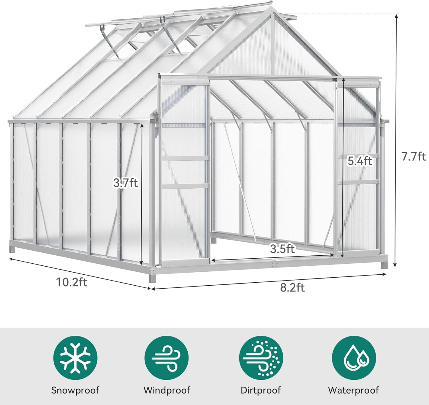 YITAHOME 10x8FT Polycarbonate Greenhouse Large Heavy Duty Green Houses Outdoor Aluminum Greenhouses with Sliding Doors Vent Window Walk-in Greenhouse for Garden Backyard, Matte Silver
