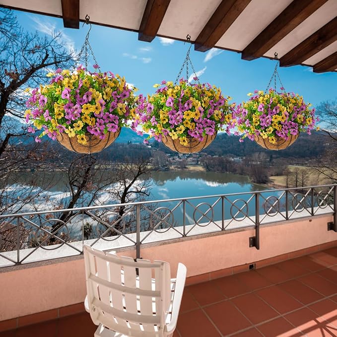Artificial Faux Hanging Plants Flowers Basket for Spring Outdoor Decoration, Fake Silk Daisy in Planter Realistic UV Resistant Look Real for Porch Home Patio Balcony Yard(Purple Yellow)